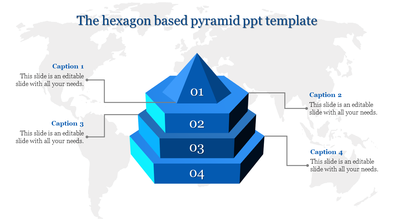 3D hexagonal pyramid in gradient blue tones featuring four levels, connected to captions positioned around the pyramid .
