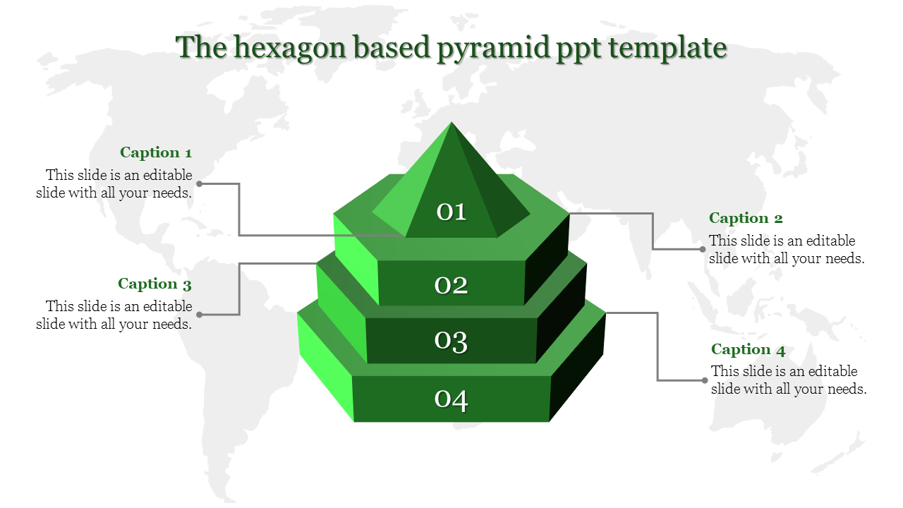 Green hexagonal pyramid with four levels, numbered 01 to 04, each linked to captions on a world map background.