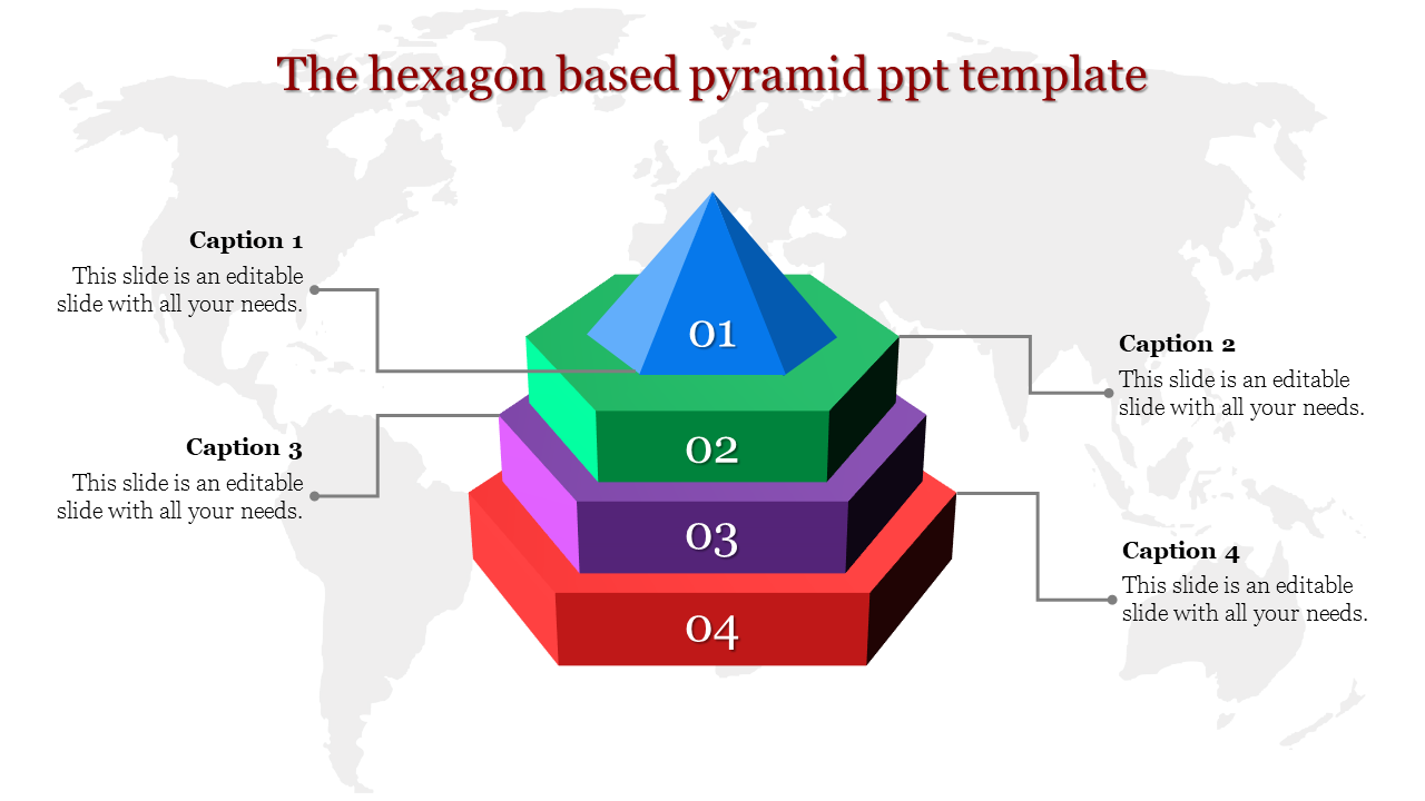 Multicolor hexagonal pyramid with tiers labeled 01 through 04, with editable captions linked to each layer on either sides.