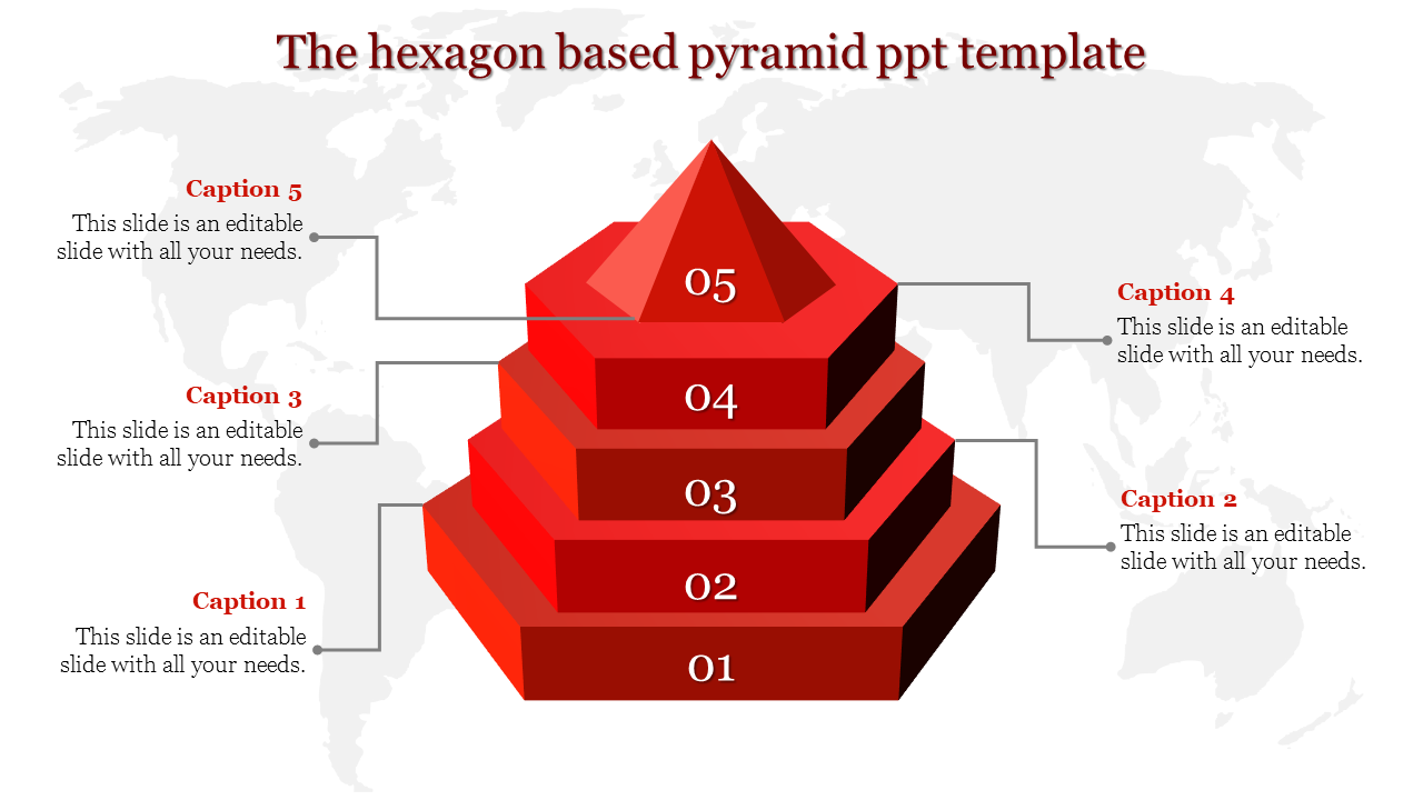 Hexagon-based red pyramid with five labeled layers, numbered 01 to 05, each connected to captions on either side.
