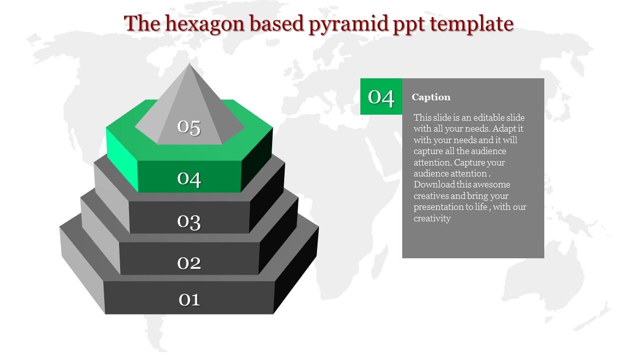 Gray hexagon based pyramid with five layers, highlighting layer 04 in green, over a light world map background.