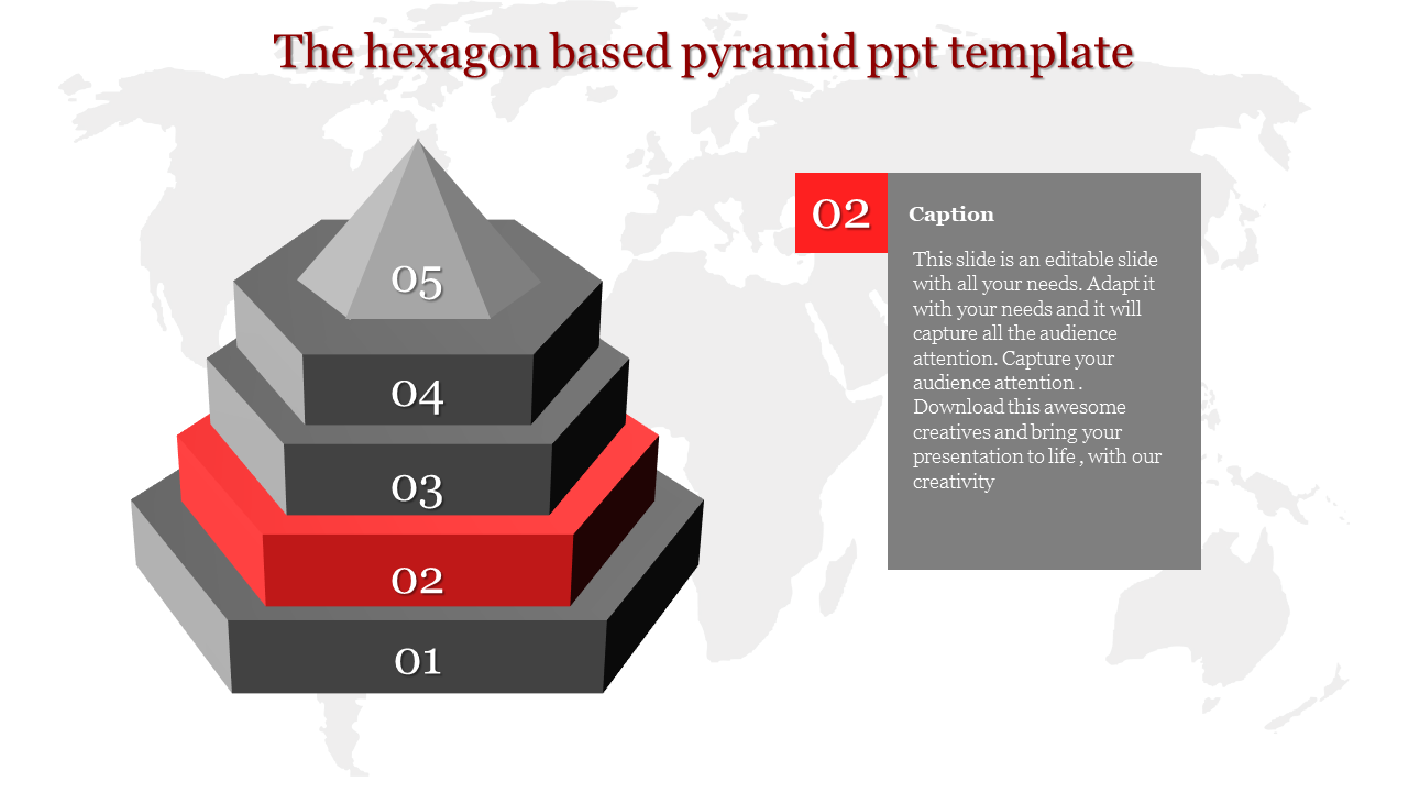 Gray hexagonal pyramid infographic highlighting layer 02 in red, set against a subtle world map background.
