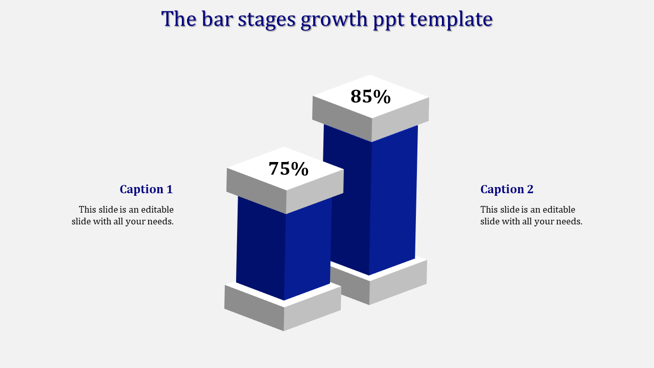 Two blue 3D bars of varying heights with percentages on top, representing growth stages in a clean white layout.