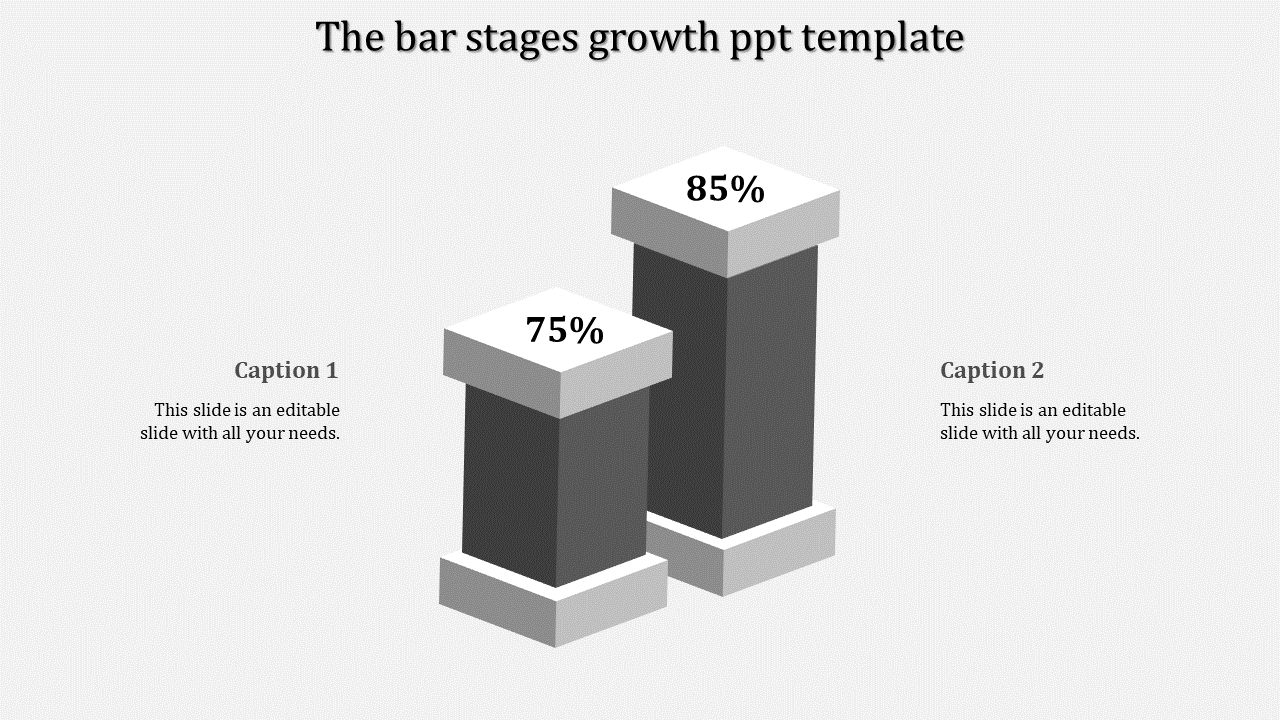 Monochrome gray bar stages growth PowerPoint slide with growth percentages and captions.