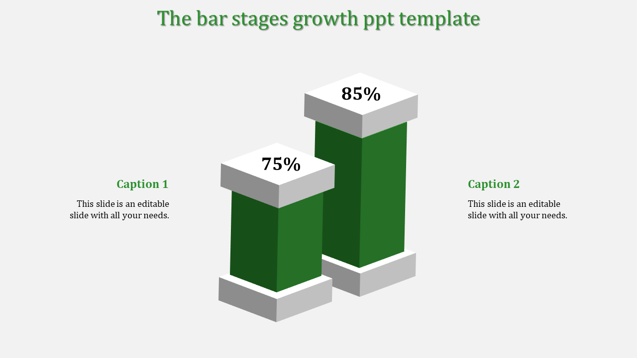 Bar stage growth template with two green bars, 75% on the left and 85% on the right, labeled with captions.