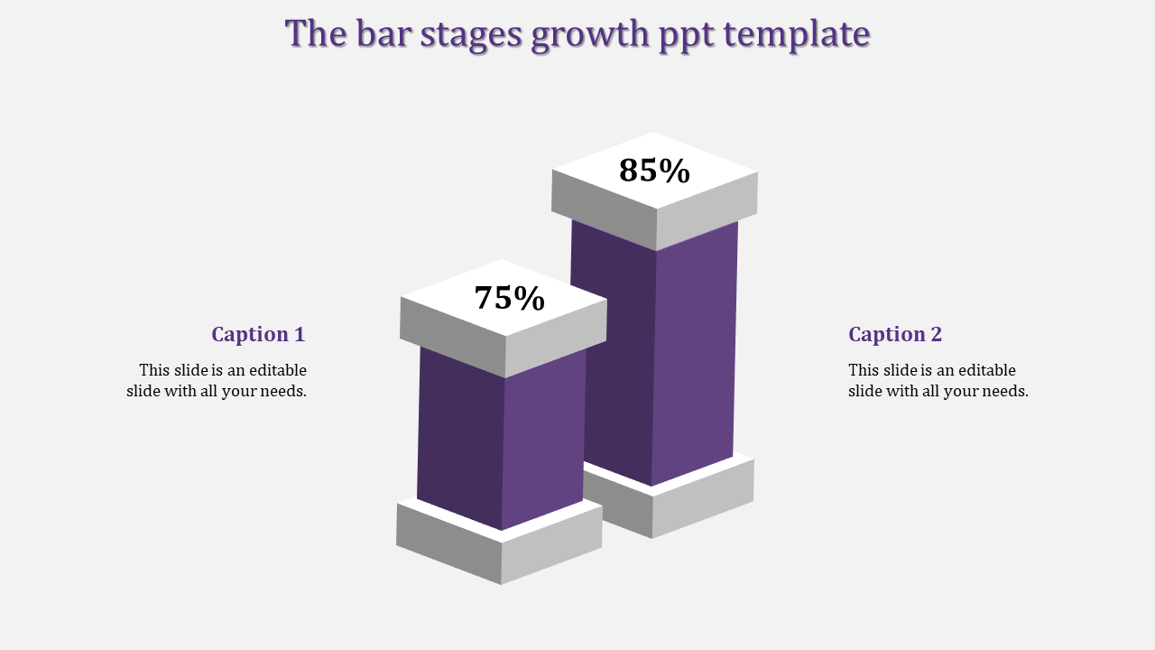 Purple bar stages growth PowerPoint template with percentage bars and captions.