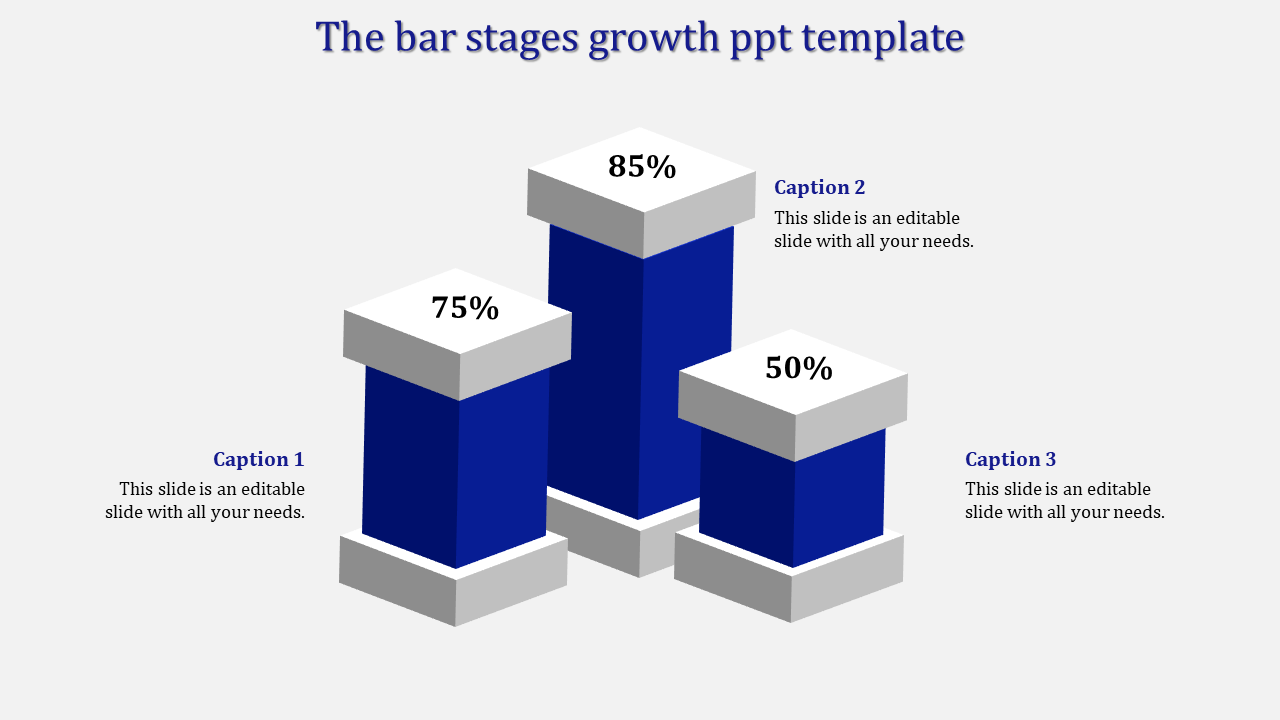 Blue bar stages growth PowerPoint template with percentage progress and captions.
