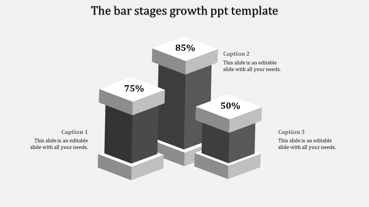 Bar stage growth template with three gray bars labeled 75%, 85%, and 50%, surrounded by captions areas.