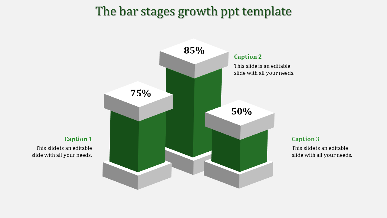 Three green 3D bars of varying heights with percentages on top, representing growth stages in a clean white layout.