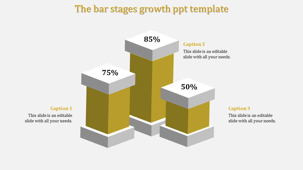 Gold bar growth template featuring three bars with labeled percentages, 75%, 85%, and 50%, and caption areas.