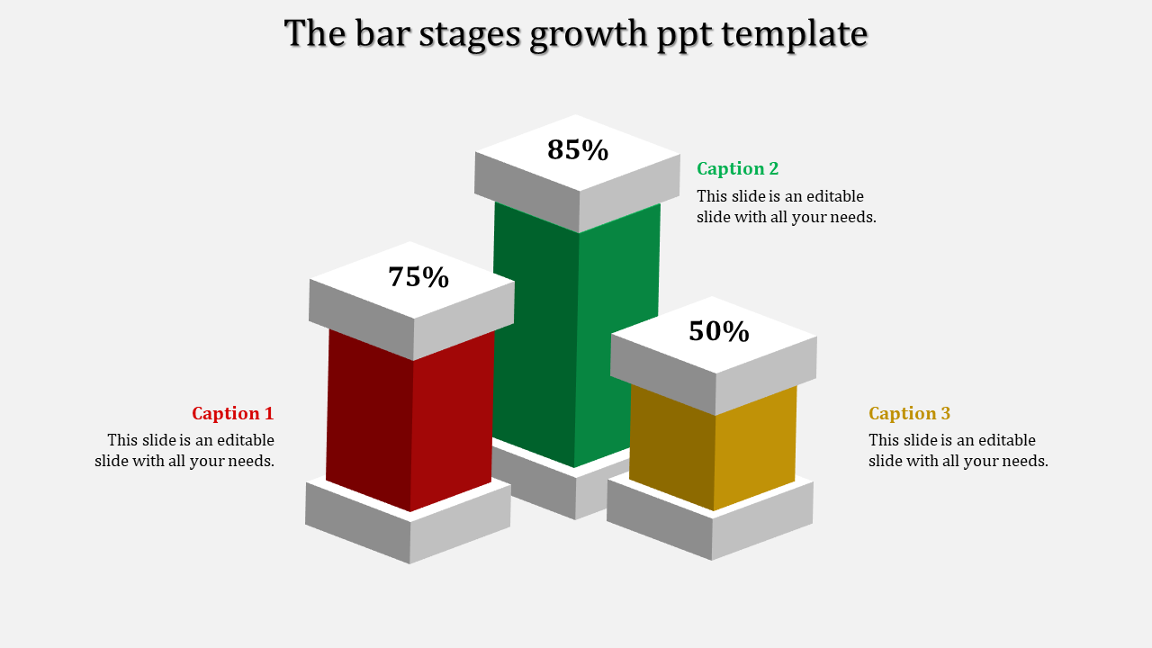 Growth template with 3D bars in red, green, and yellow, labeled with percentages on top, and captions below.