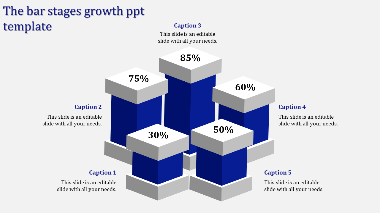 Blue bar growth chart featuring five 3D bars with percentages ranging from 30% to 85%, aligned with caption boxes.