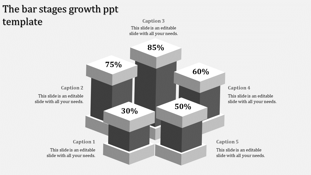 Bar stages growth PowerPoint template with percentage values and captions.