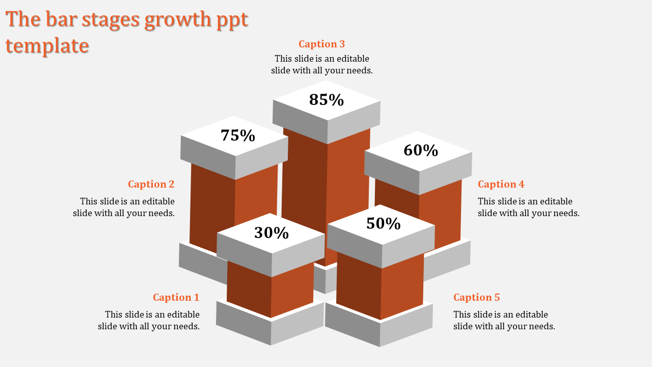 Bar chart with orange 3D columns labeled with percentages from 30% to 85%surrounded by captions 1 to 5.