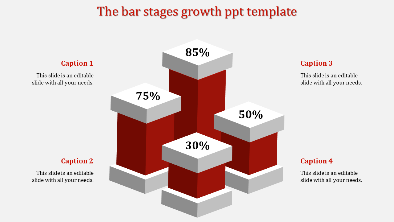 Bar stage growth template featuring four red bars of different heights, each topped with percentages from 30% to 85%.