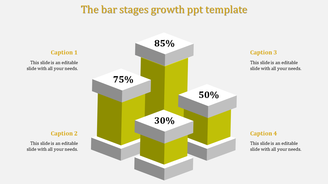 Bar stages growth PowerPoint template with four bars at different percentages with captions.