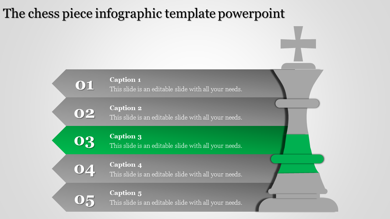 Horizontal infographic with a chess king piece on the right and five gray layers, highlighting the green third one.