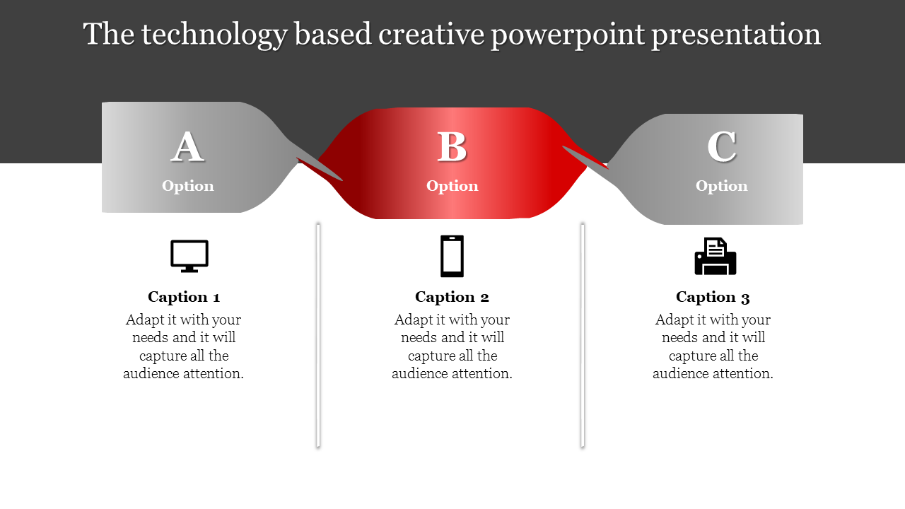 Technology based PowerPoint template displaying three options labeled A, B, and C with corresponding icons and captions.