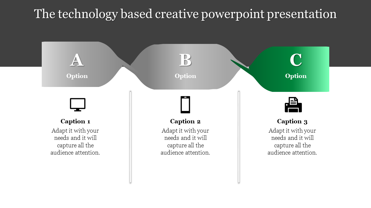 Creative professional PowerPoint slide featuring options A, B, and C in gray, silver, and green with captions below.