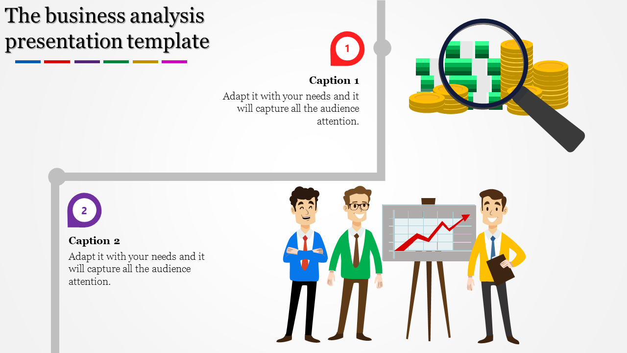 Business analysis PPT template showing a magnifying glass over coins and cash, with three professionals near a graph.