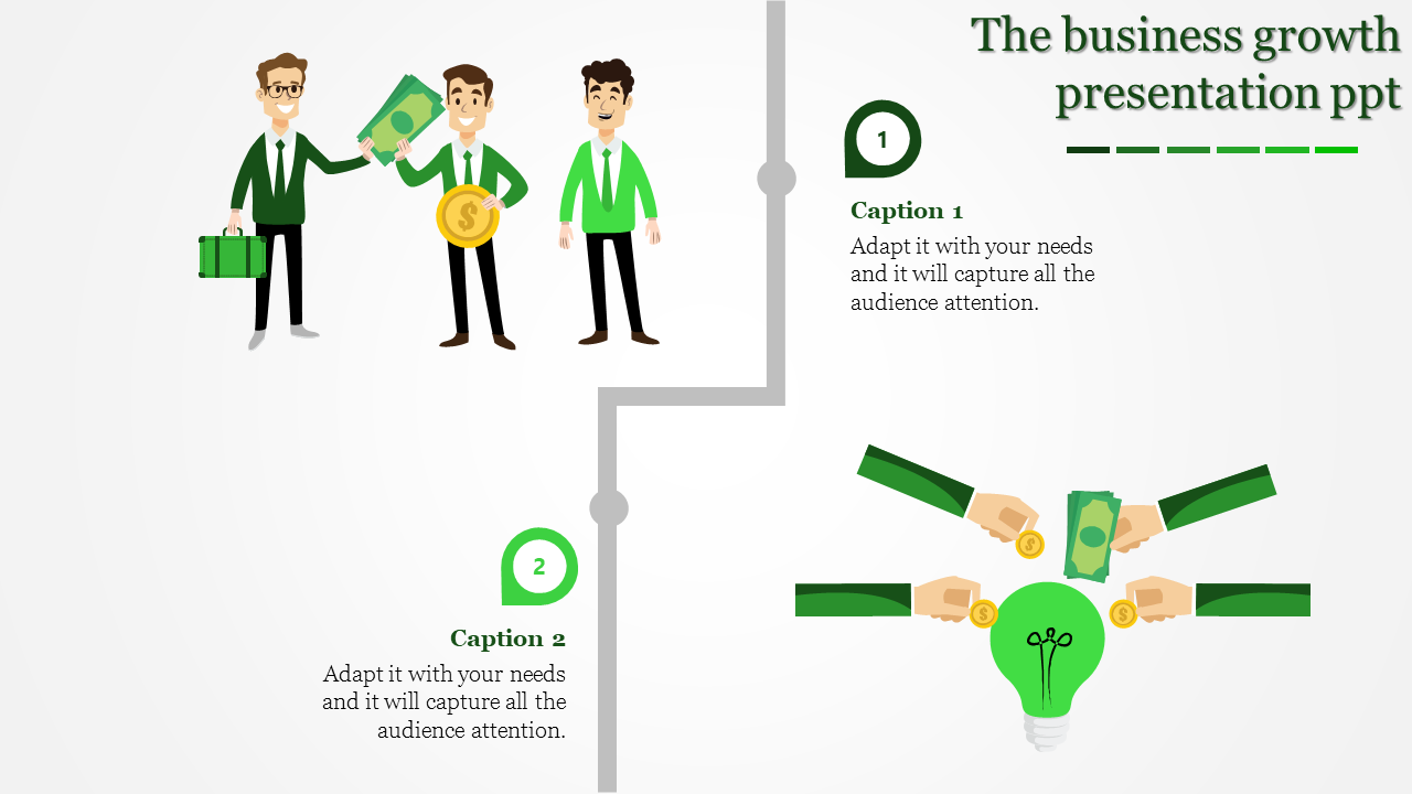 PowerPoint slide featuring businessmen exchanging money, symbolizing financial growth and collaboration in business.