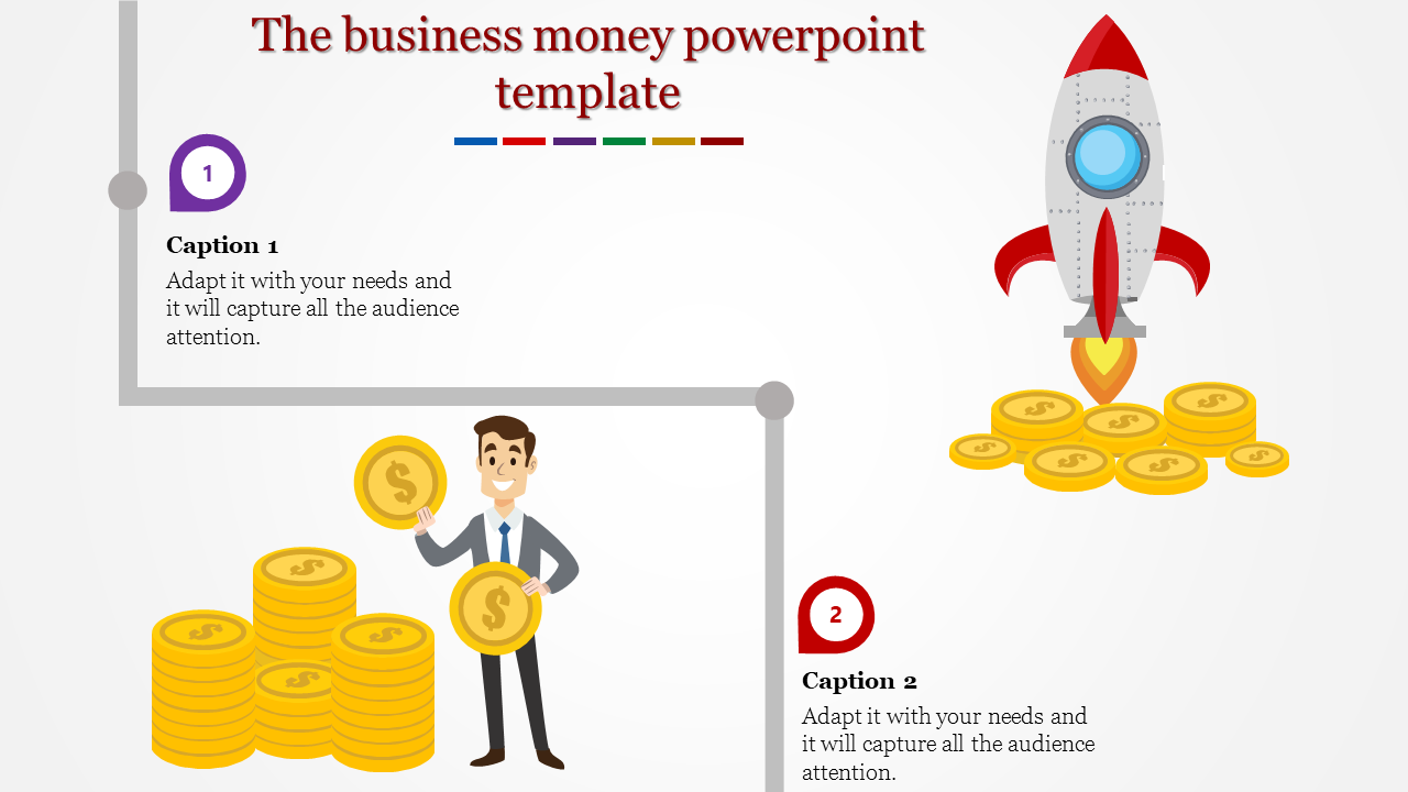 Slide with a rocket and a businessman beside a stacked coins on a white background with purple and red caption markers.