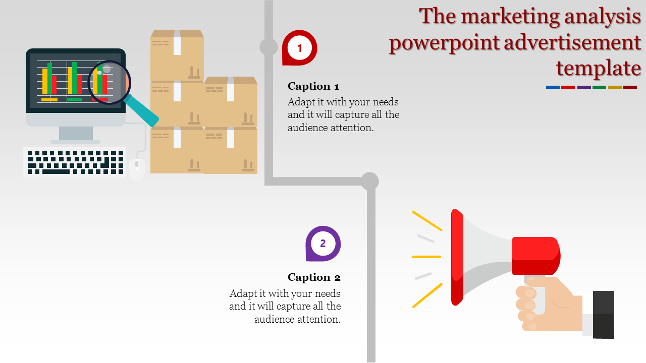 Marketing analysis template with a computer monitor showing graphs, boxes, and a megaphone illustration with captions.