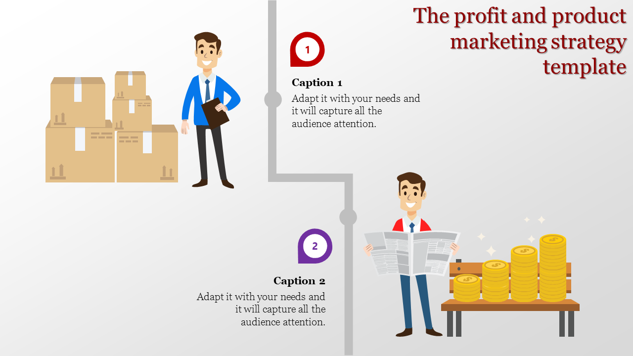 Marketing strategy slide with two illustrated person with boxes and another with coins and a newspaper.