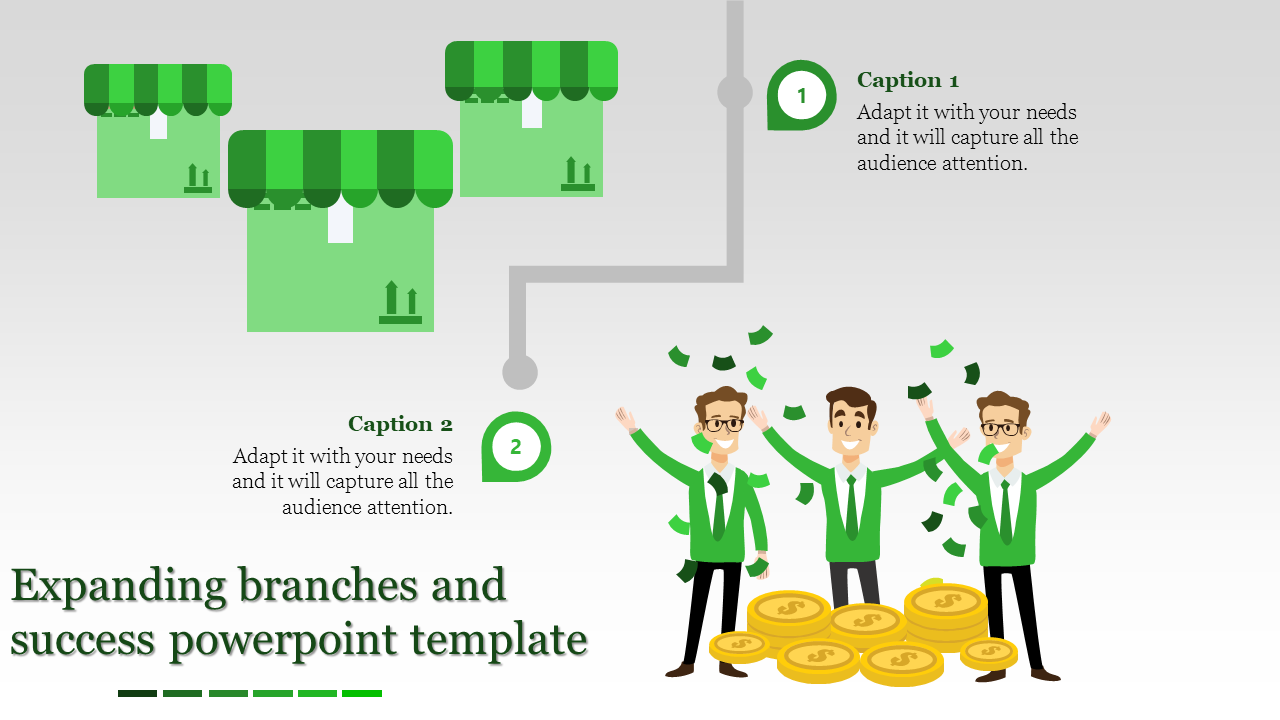 Illustration of expanding storefronts leading to a team celebrating financial success with scattered money and coins.