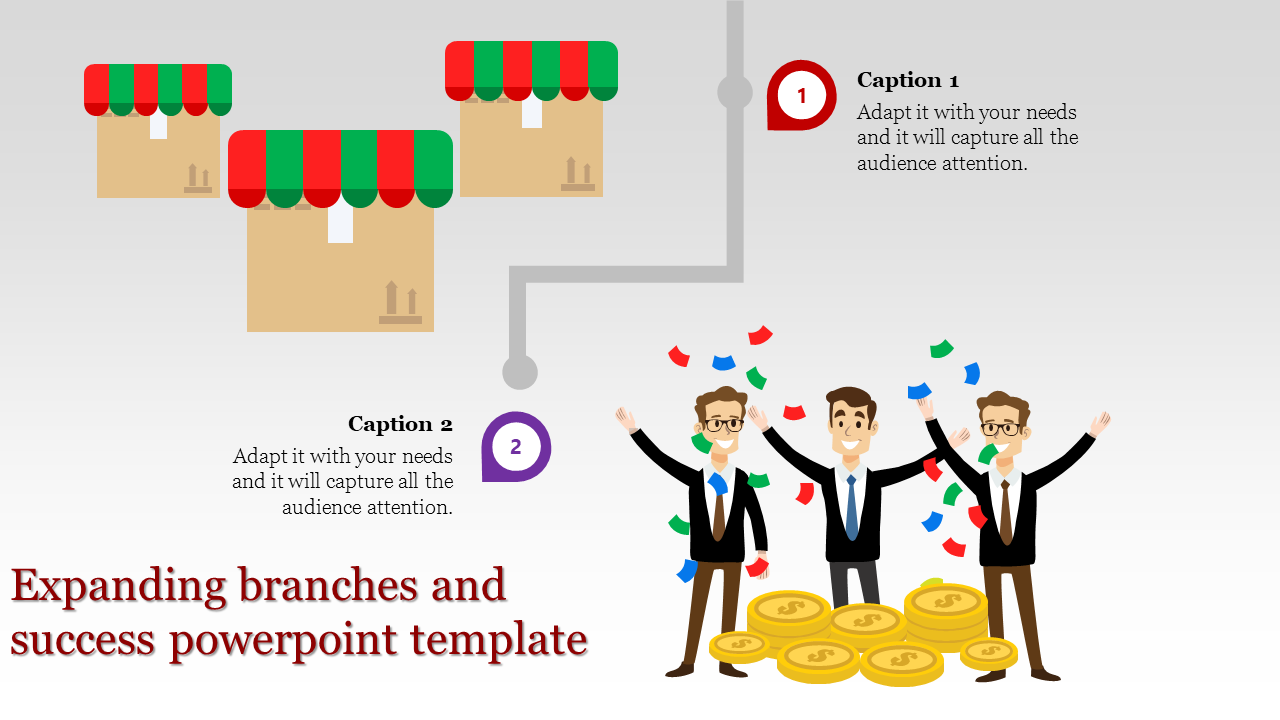 Slide with store icons, two captions on a line, and three businessmen celebrating success with coins and confetti.