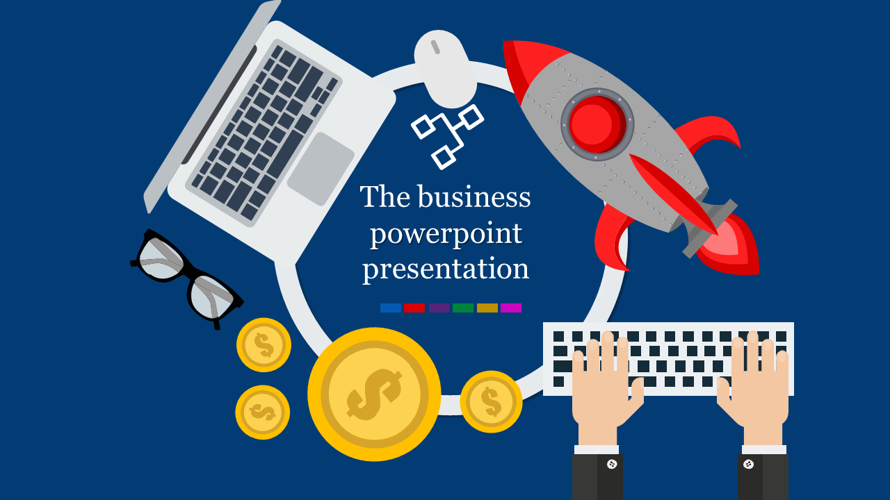 Flat design business PowerPoint slide featuring a laptop, rocket, keyboard, glasses, and gold coins on a blue background.