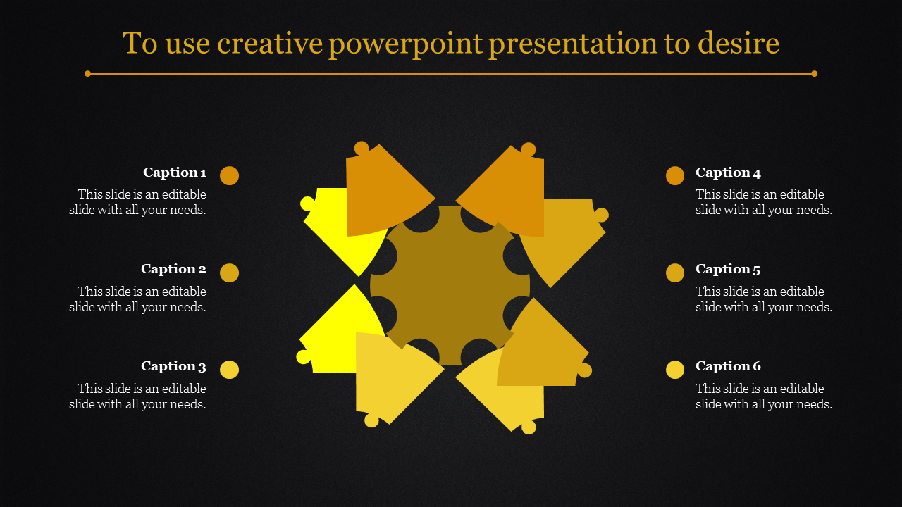 Dark themed layout with a central yellow and gold puzzle graphic surrounded by six captions and circular markers.