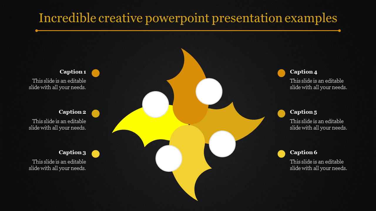 Creative PPT slide with a central golden design and six white circles connected to captions on a dark background.