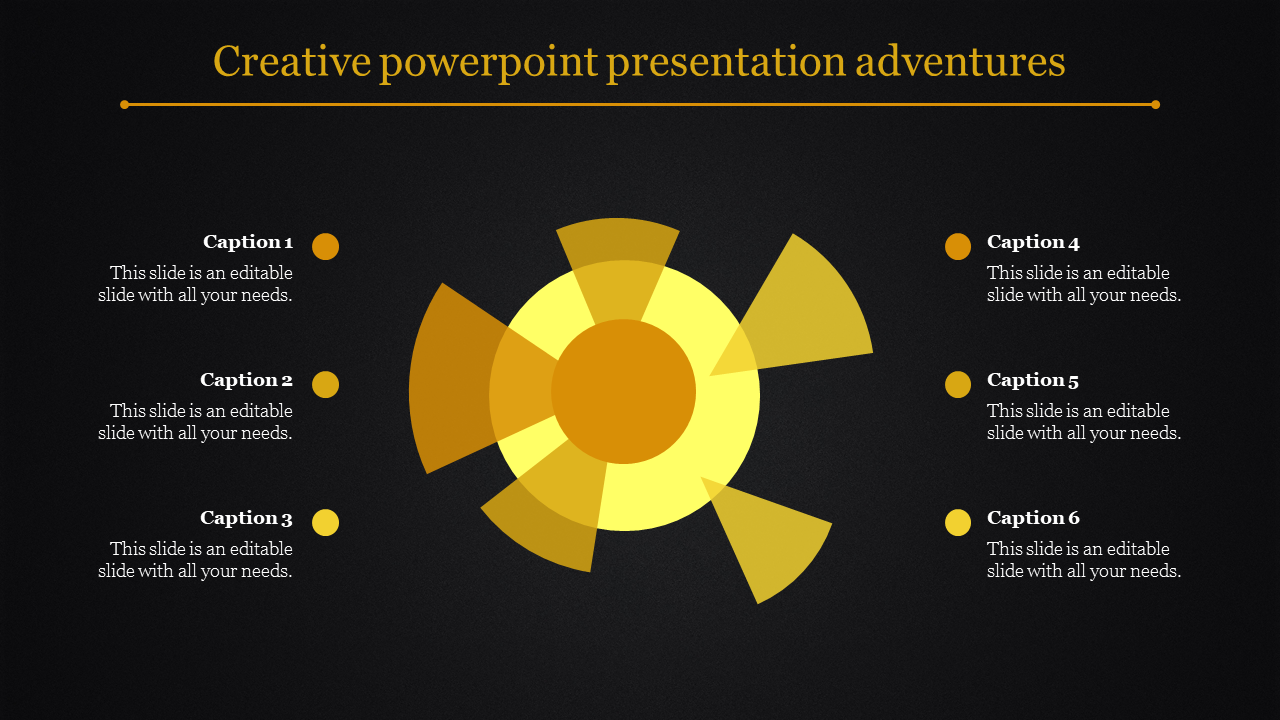 A dark themed layout with a central golden circular pattern radiating segments, surrounded by six captions on both sides.