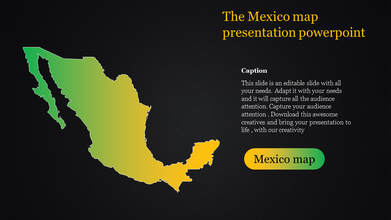Presentation slide showcasing a Mexico map in green and yellow gradient on a dark background with captions.