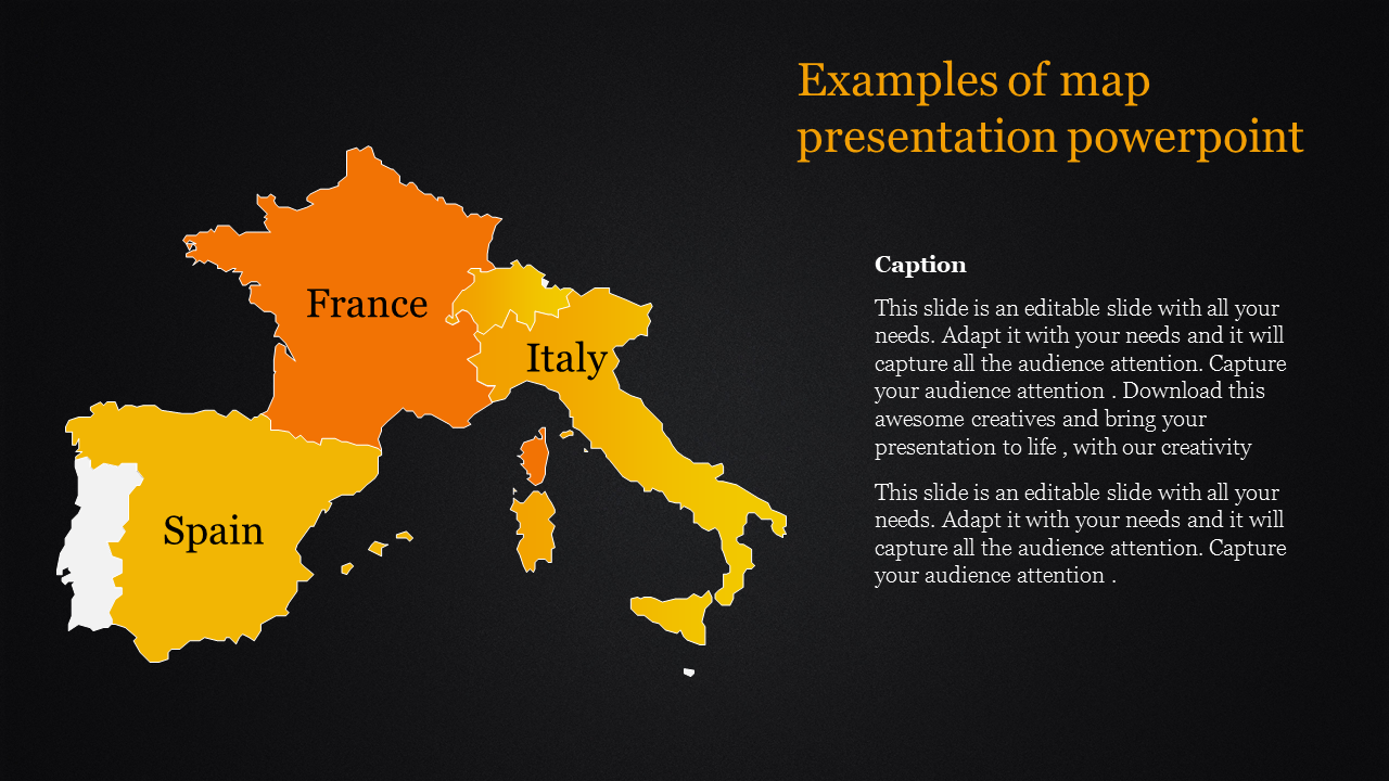 Map of France, Italy, and Spain in yellow and orange on a black background, and a caption box on the right.