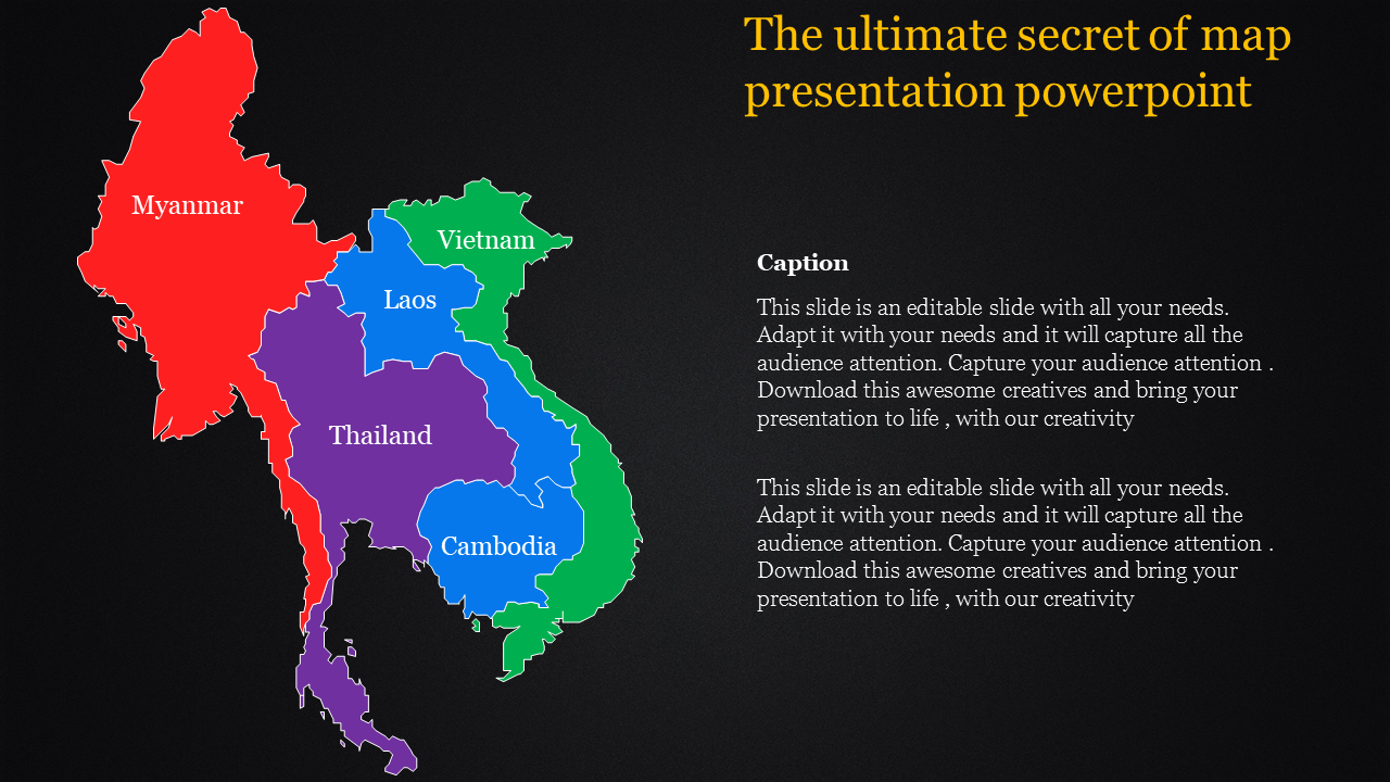 Color coded map of Southeast Asia highlighting Myanmar, Vietnam, Laos, Thailand, and Cambodia with captions.