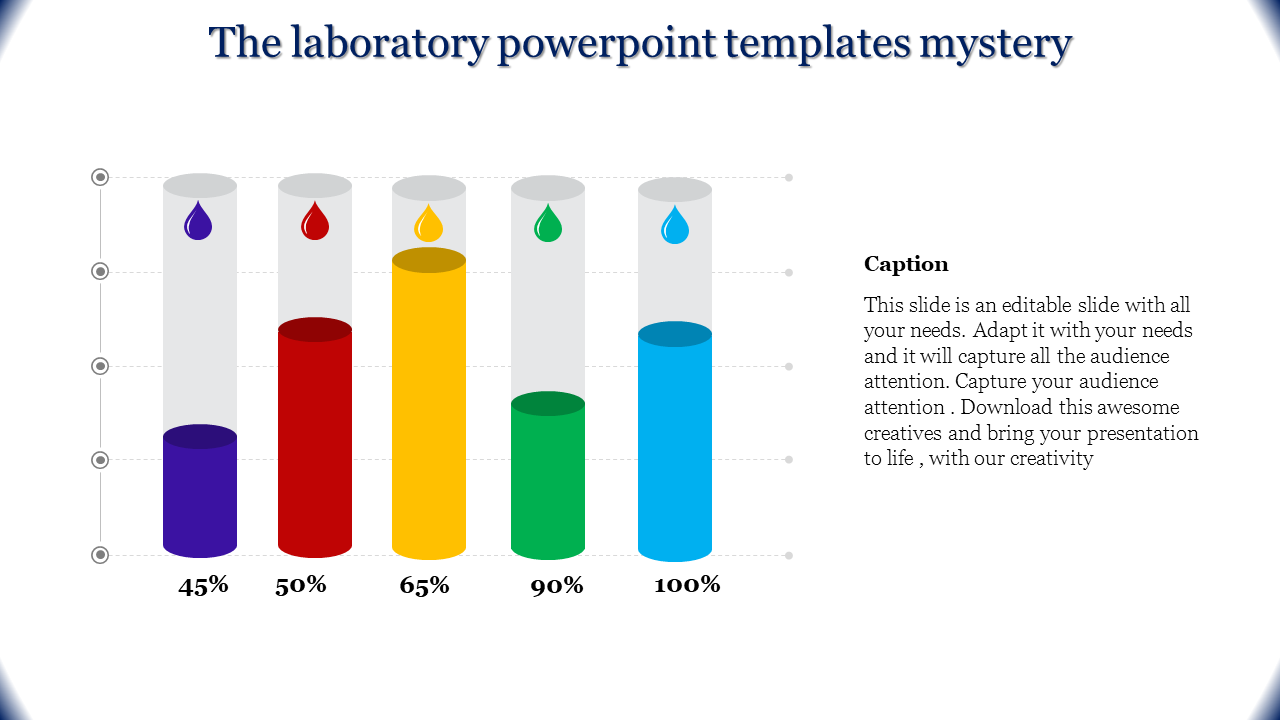 Laboratory PPT template featuring colorful test tubes with percentage levels and droplet icons representing data points.