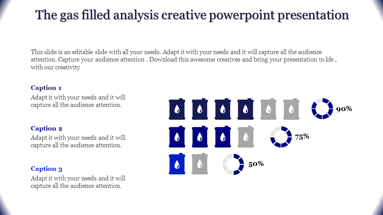 PowerPoint slide with battery icons and percentage indicators for data analysis with captions.
