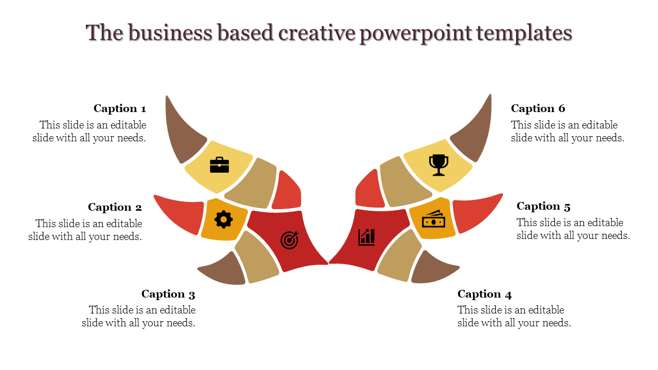 Creative PowerPoint template with six sections on a wing model with colorful icons and captions.