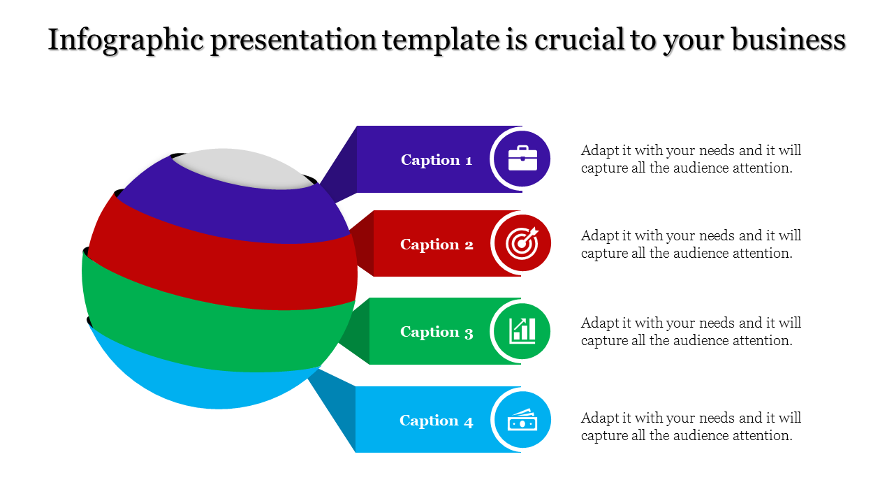 Infographic PPT template with a colorful ball model connected to four sections and icons with placeholder text.