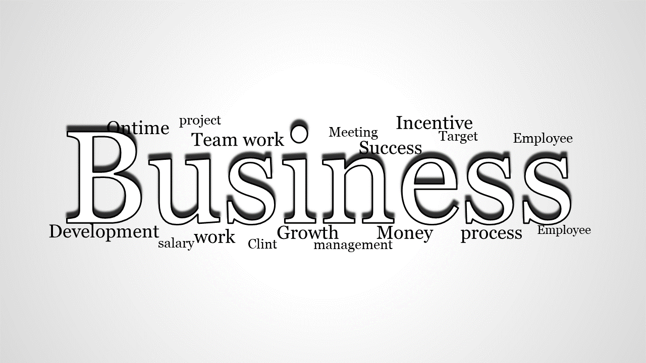 Word cloud centered around the word Business with related terms like growth, development, and success.
