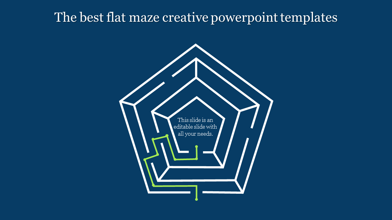 Pentagonal maze diagram with a green path solution on a blue background, featuring text at the center.
