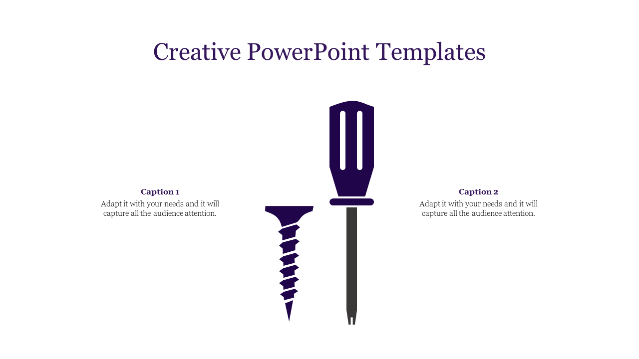 Illustration of a screwdriver and a screw in purple color, with two caption placeholders for descriptions.