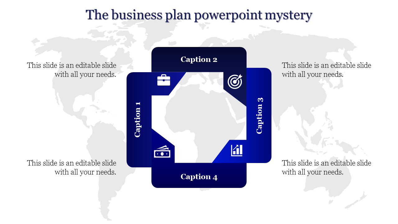 Blue interconnected square shapes with four icons and captions overlaying a light world map on a white background.