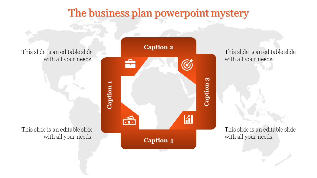 Orange themed business slide with a world map background and a square layout highlighting key strategy captions and icons.