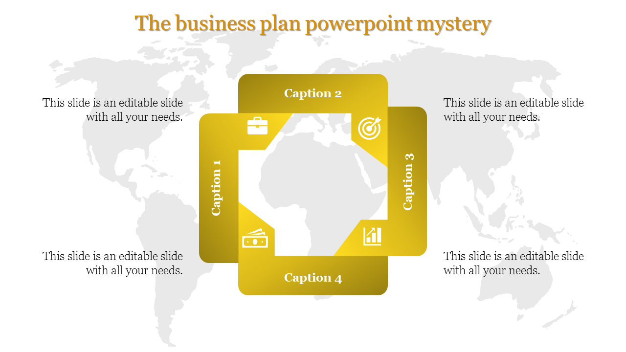 Yellow interconnected square shapes with four icons and captions overlaying a light world map on a white background.