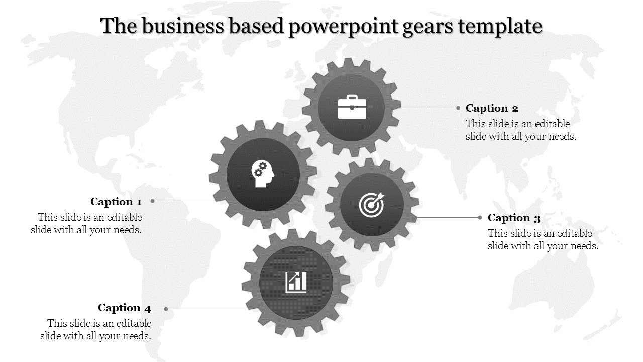 Business themed PowerPoint template with interconnected gear icons and captions.