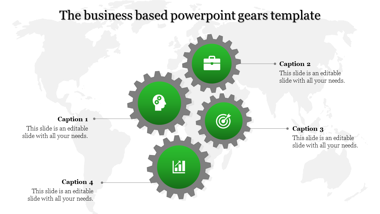 Business themed PowerPoint template with green gears symbolizing strategy, goals, innovation, and growth against a world map.