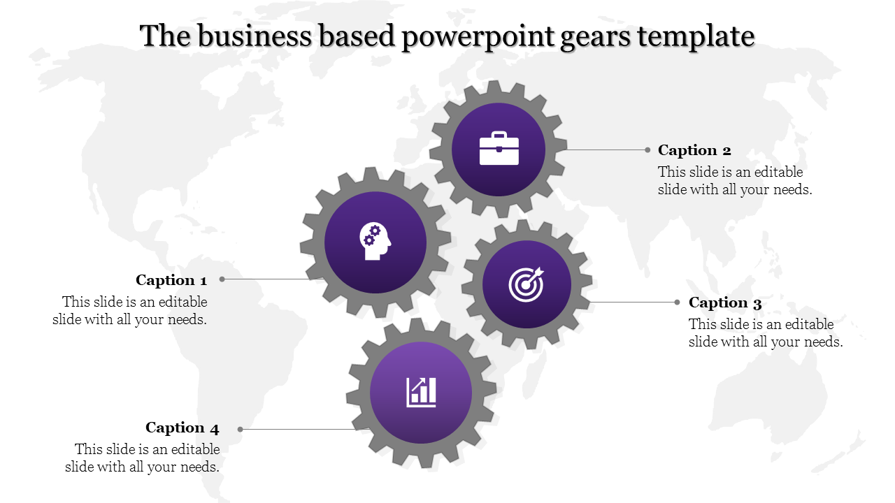 Infographic with interconnected purple gears on a light gray world map, each containing icons and captions.